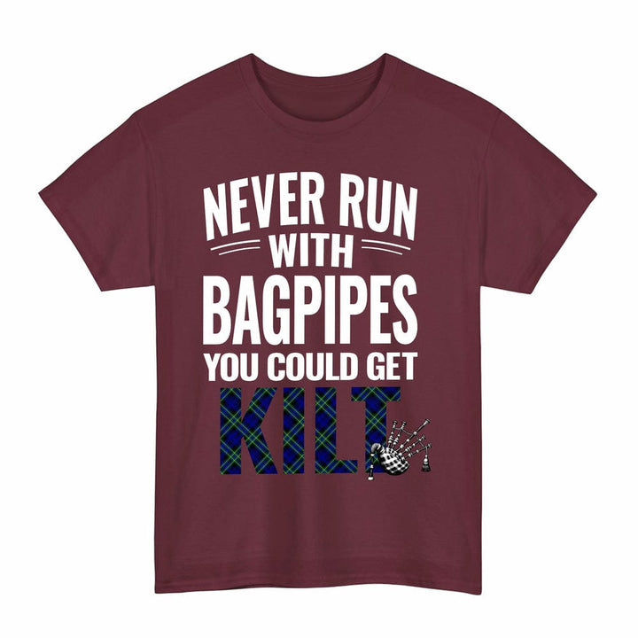 Scottish Arbuthnot Modern Clan Tartan Never Run With Bagpipes T-Shirt Tartan Plaid Maroon Color