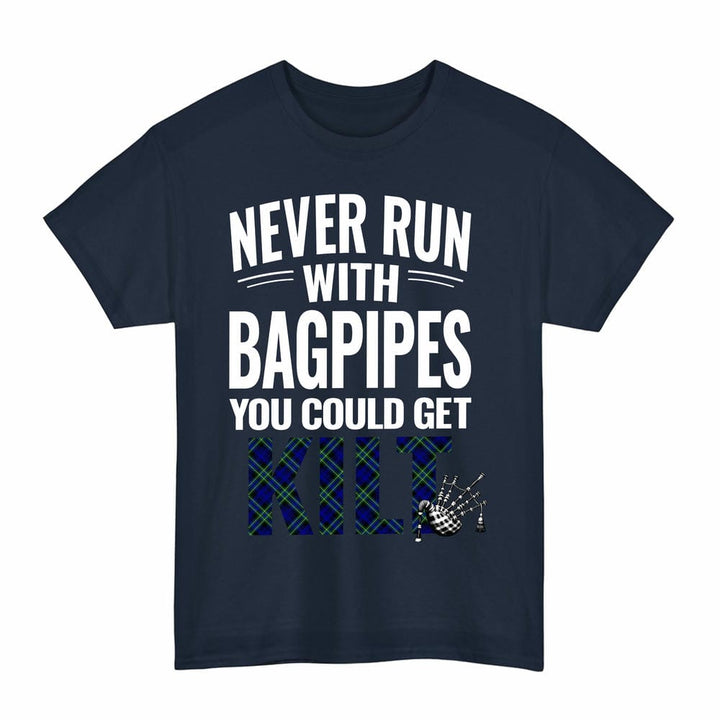 Scottish Arbuthnot Modern Clan Tartan Never Run With Bagpipes T-Shirt Tartan Plaid Navy Color