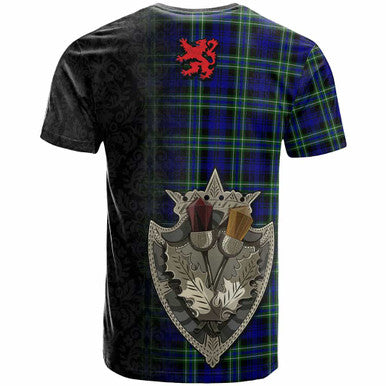 Scottish Arbuthnot Modern Clan Tartan T-Shirt - Half Thistle Flowers Celtic Design Back Side Tartan Plaid