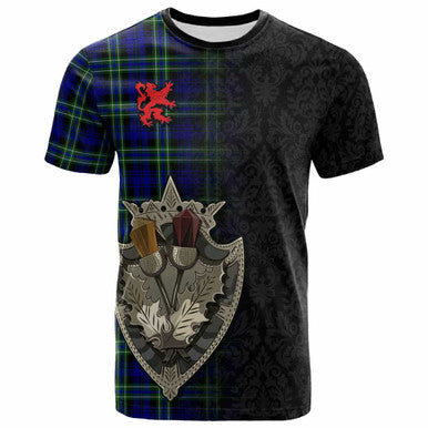 Scottish Arbuthnot Modern Clan Tartan T-Shirt - Half Thistle Flowers Celtic Design Front Side Tartan Plaid