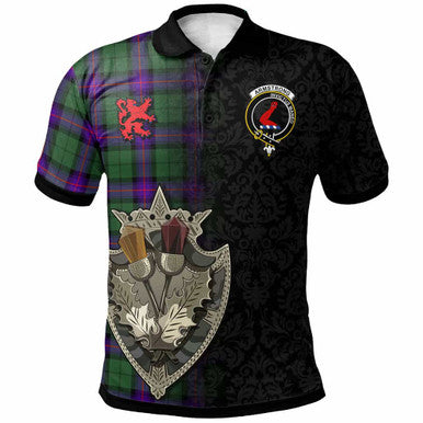 Scottish Armstrong Clan Crest Tartan Polo Shirt - Half Thistle Flowers Celtic Design Front Side Tartan Plaid