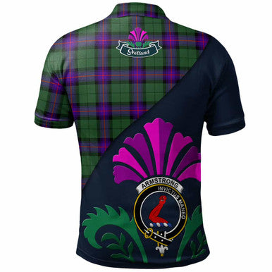 Scottish Armstrong Clan Crest Tartan Polo Shirt - Scotland Thistle Style Back Side Tartan Plaid