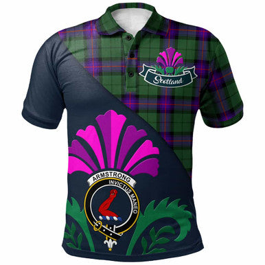Scottish Armstrong Clan Crest Tartan Polo Shirt - Scotland Thistle Style Front Side Tartan Plaid