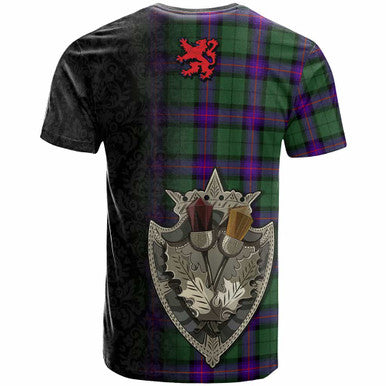Scottish Armstrong Clan Crest Tartan T-Shirt - Half Thistle Flowers Celtic Design Back Side Tartan Plaid