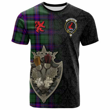 Scottish Armstrong Clan Crest Tartan T-Shirt - Half Thistle Flowers Celtic Design Front Side Tartan Plaid