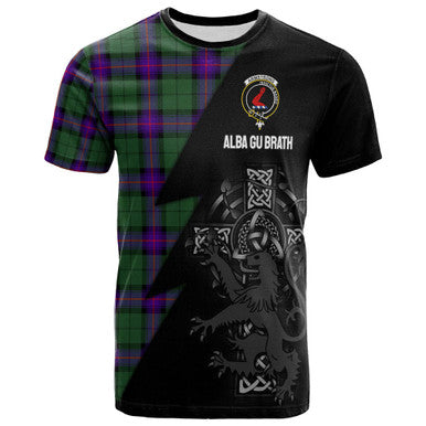 Scottish Armstrong Clan Crest Tartan T-Shirt - Lion Rampant Celtic Cross Flash Style Front Side Tartan Plaid