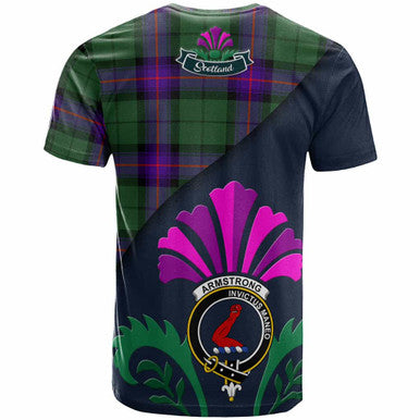 Scottish Armstrong Clan Crest Tartan T-Shirt - Scotland Thistle Style Back Side Tartan Plaid