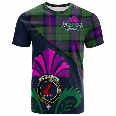 Scottish Armstrong Clan Crest Tartan T-Shirt - Scotland Thistle Style Front Side Tartan Plaid