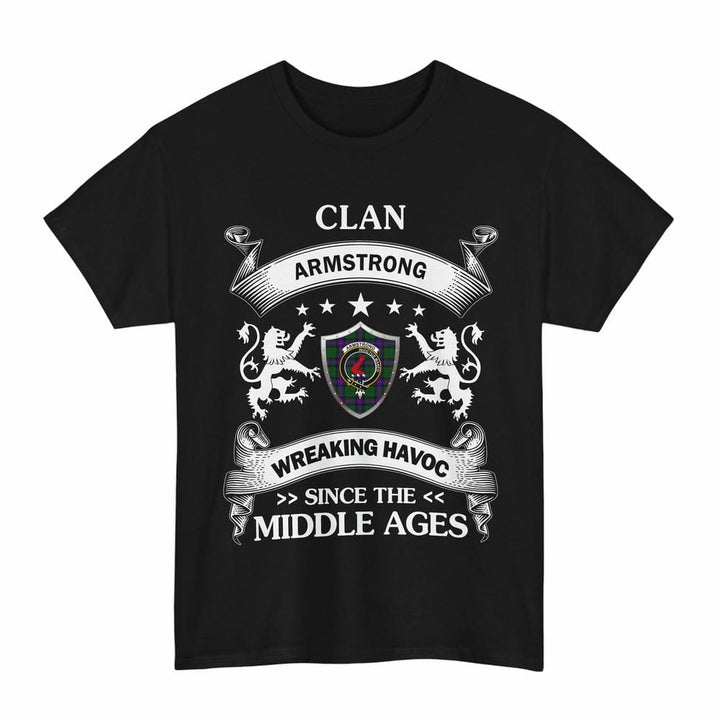 Scottish Armstrong Clan Crest Tartan T-Shirt Wreaking Havoc Design Tartan Plaid Black Color