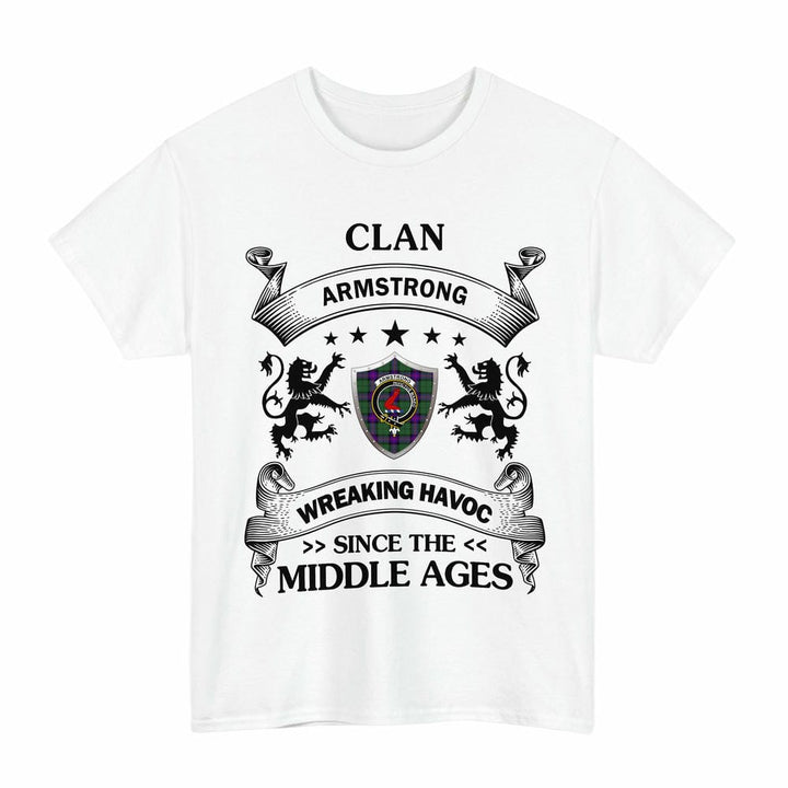 Scottish Armstrong Clan Crest Tartan T-Shirt Wreaking Havoc Design Tartan Plaid White Color