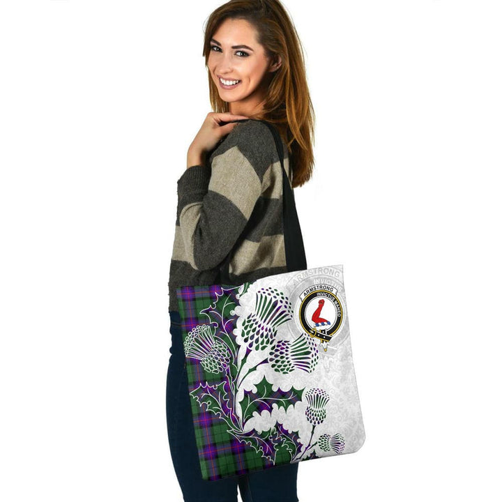 Scottish Armstrong Clan Crest Tartan Tote Bag - Thistle Flowers Style Tartan Plaid 3