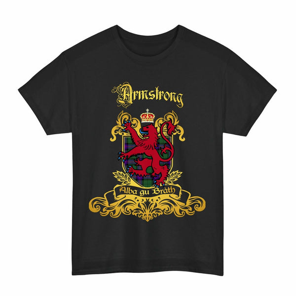 Scottish Armstrong Clan Tartan Lion Rampant of Scotland T-Shirt Tartan Plaid Black Color