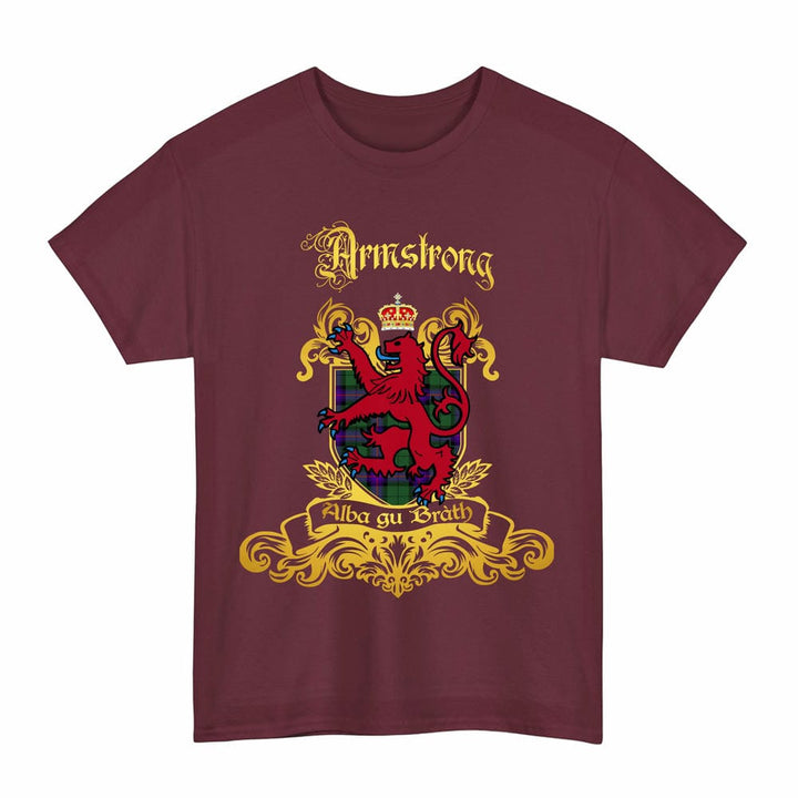 Scottish Armstrong Clan Tartan Lion Rampant of Scotland T-Shirt Tartan Plaid Maroon Color