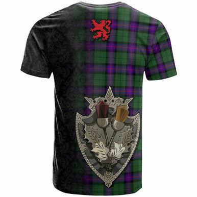 Scottish Armstrong Modern Clan Tartan T-Shirt - Half Thistle Flowers Celtic Design Back Side Tartan Plaid
