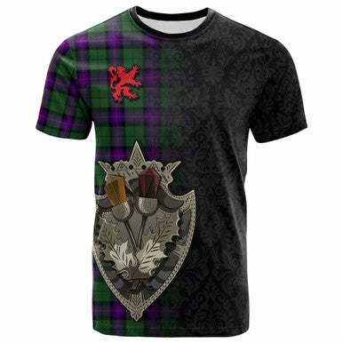 Scottish Armstrong Modern Clan Tartan T-Shirt - Half Thistle Flowers Celtic Design Front Side Tartan Plaid