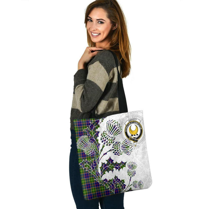 Scottish Arnott Clan Crest Tartan Tote Bag - Thistle Flowers Style Tartan Plaid 3