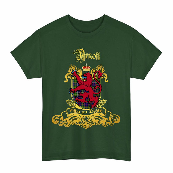 Scottish Arnott Clan Tartan Lion Rampant of Scotland T-Shirt Tartan Plaid Forest Green Color