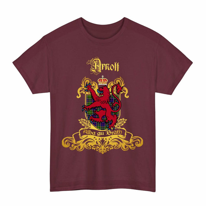 Scottish Arnott Clan Tartan Lion Rampant of Scotland T-Shirt Tartan Plaid Maroon Color