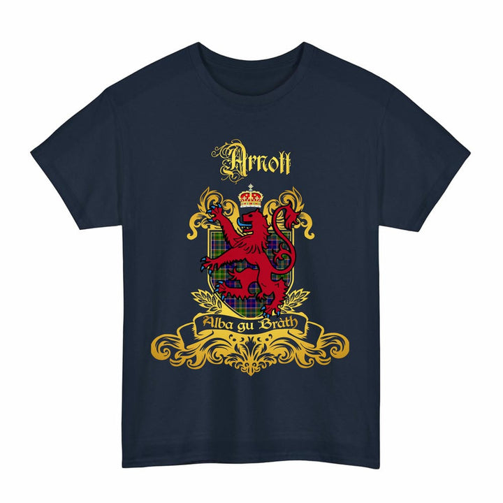 Scottish Arnott Clan Tartan Lion Rampant of Scotland T-Shirt Tartan Plaid Navy Color