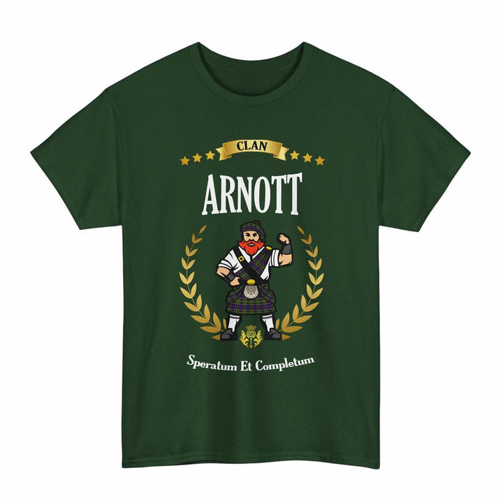 Scottish Arnott Clan Tartan T-Shirt - Motto Scotsman Tartan Plaid Forest Green Color