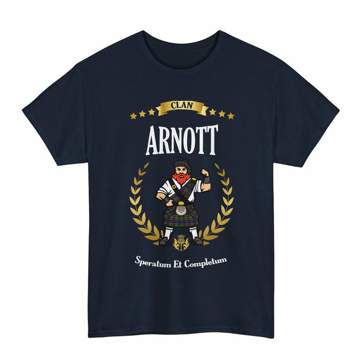 Scottish Arnott Clan Tartan T-Shirt - Motto Scotsman Tartan Plaid Navy Color
