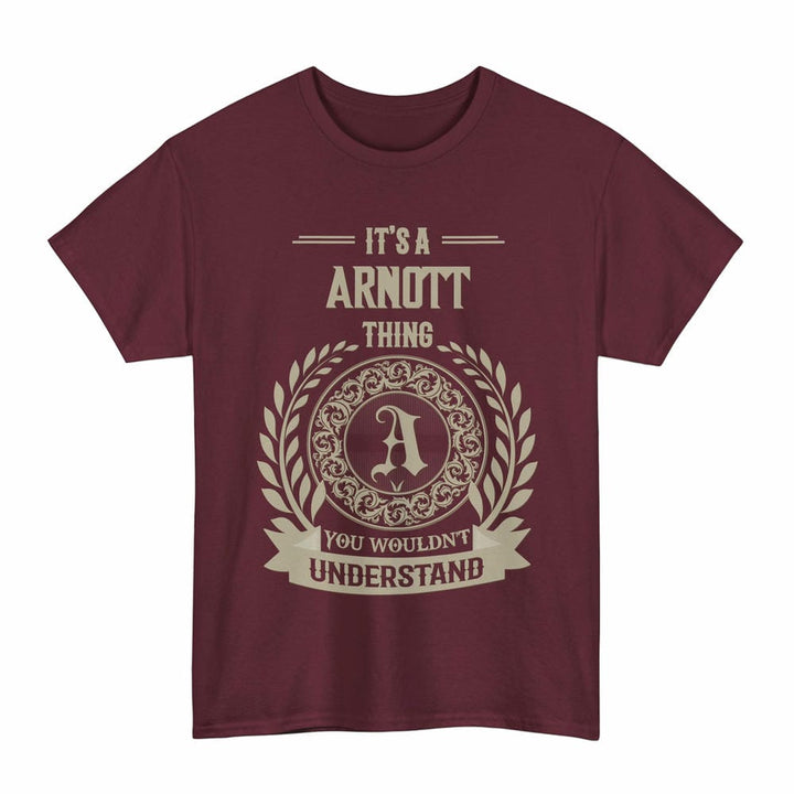 Scottish Arnott Clan Tartan T-Shirt - Vintage Family Name Tartan Plaid Maroon Color