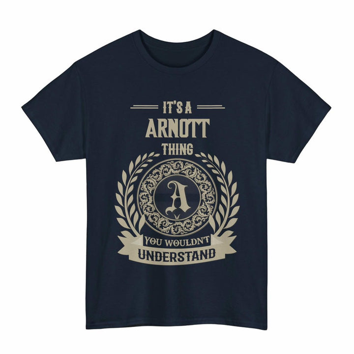 Scottish Arnott Clan Tartan T-Shirt - Vintage Family Name Tartan Plaid Navy Color