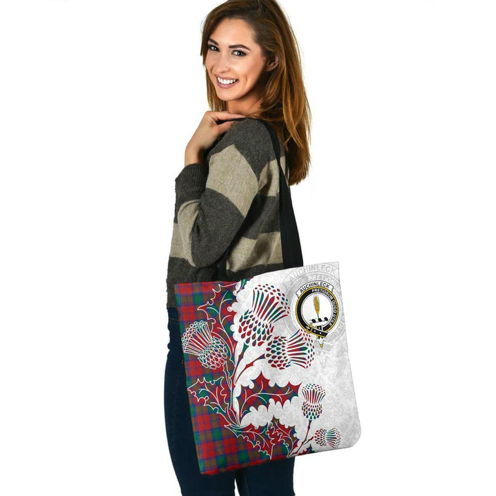 Scottish Auchinleck Clan Crest Tartan Tote Bag - Thistle Flowers Style Tartan Plaid 3