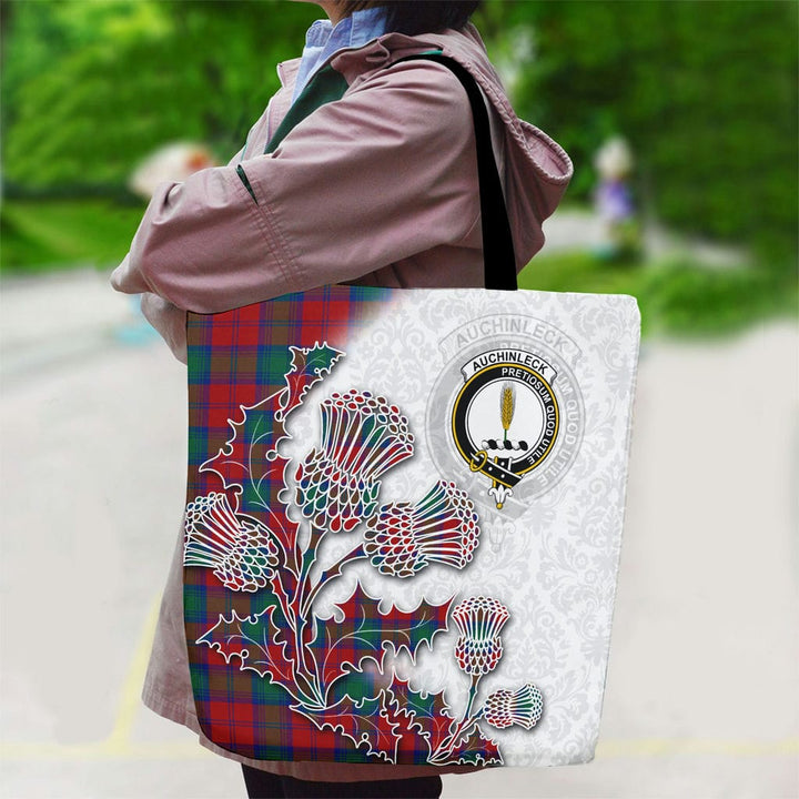 Scottish Auchinleck Clan Tartan Canvas Bag With Shoulder Straps - Thistle Flowers Style Tartan Plaid 2
