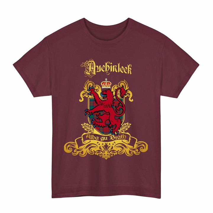 Scottish Auchinleck Clan Tartan Lion Rampant of Scotland T-Shirt Tartan Plaid Maroon Color