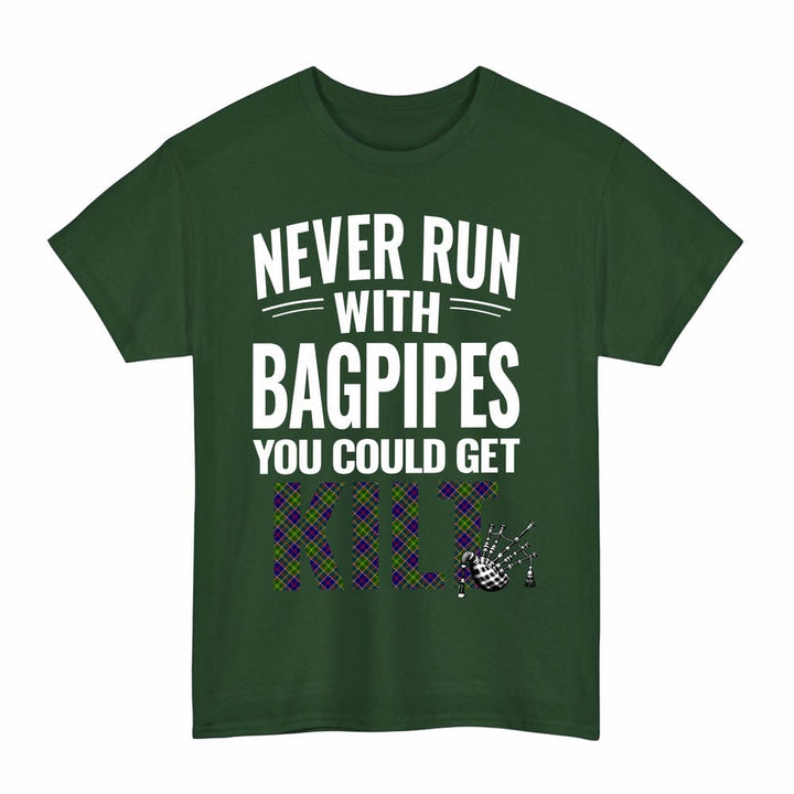 Scottish Ayrshire District Clan Tartan Never Run With Bagpipes T-Shirt Tartan Plaid Forest Green Color