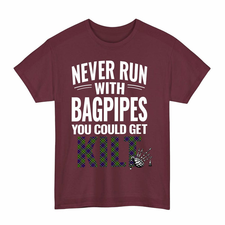 Scottish Ayrshire District Clan Tartan Never Run With Bagpipes T-Shirt Tartan Plaid Maroon Color