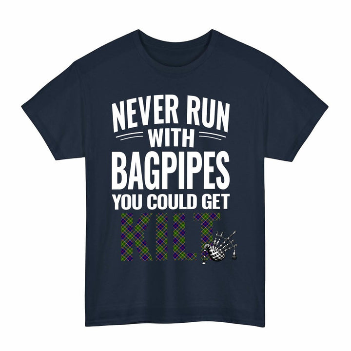 Scottish Ayrshire District Clan Tartan Never Run With Bagpipes T-Shirt Tartan Plaid Navy Color
