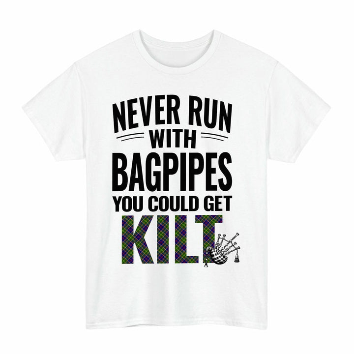 Scottish Ayrshire District Clan Tartan Never Run With Bagpipes T-Shirt Tartan Plaid White Color