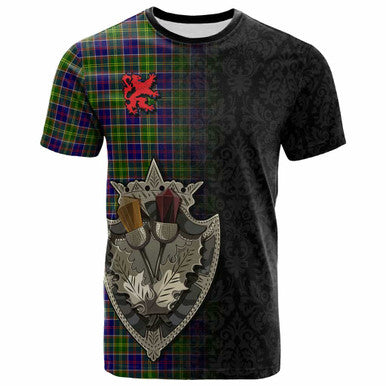 Scottish Ayrshire District Clan Tartan T-Shirt - Half Thistle Flowers Celtic Design Front Side Tartan Plaid