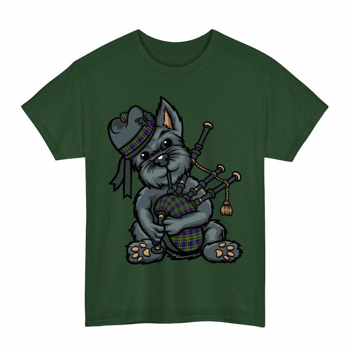 Scottish Ayrshire District Clan Tartan Terrier Bagpipes T-Shirt Tartan Plaid Forest Green Color
