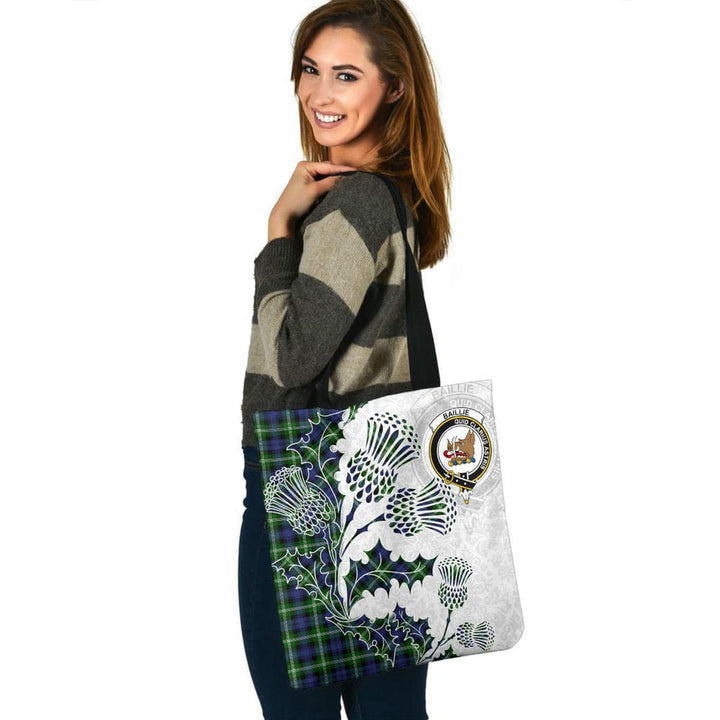 Scottish Baillie Clan Crest Tartan Tote Bag - Thistle Flowers Style Tartan Plaid 3