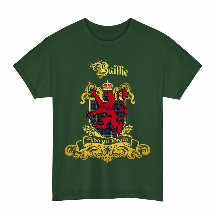 Scottish Baillie Clan Tartan Lion Rampant of Scotland T-Shirt Tartan Plaid Forest Green Color