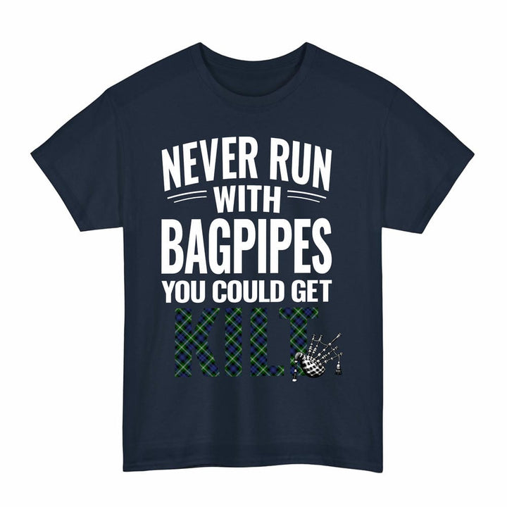 Scottish Baillie Modern Clan Tartan Never Run With Bagpipes T-Shirt Tartan Plaid Navy Color