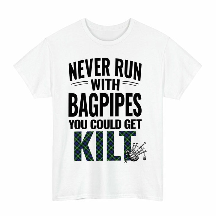 Scottish Baillie Modern Clan Tartan Never Run With Bagpipes T-Shirt Tartan Plaid White Color