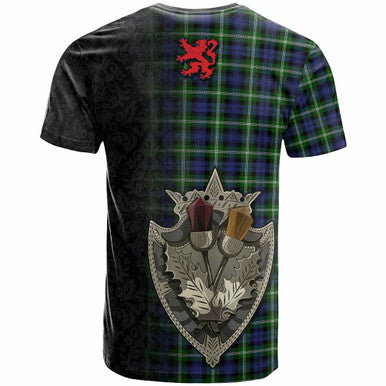 Scottish Baillie Modern Clan Tartan T-Shirt - Half Thistle Flowers Celtic Design Back Side Tartan Plaid