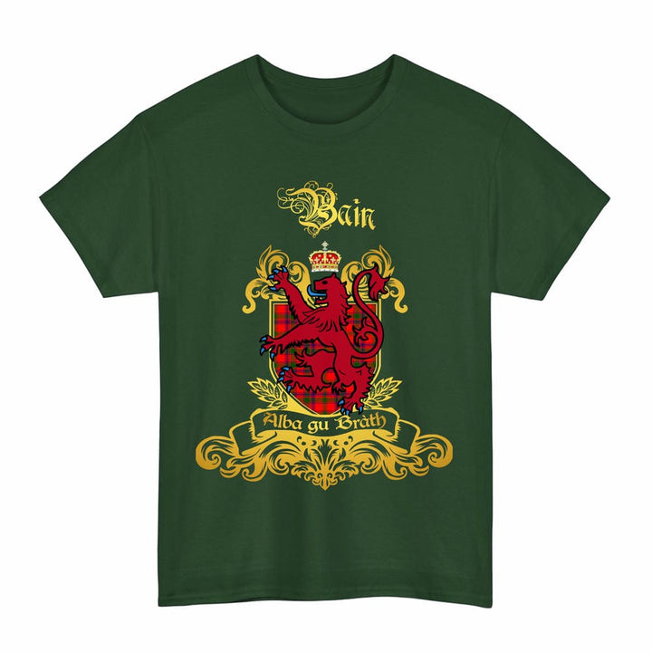 Scottish Bain Clan Tartan Lion Rampant of Scotland T-Shirt Tartan Plaid Forest Green Color