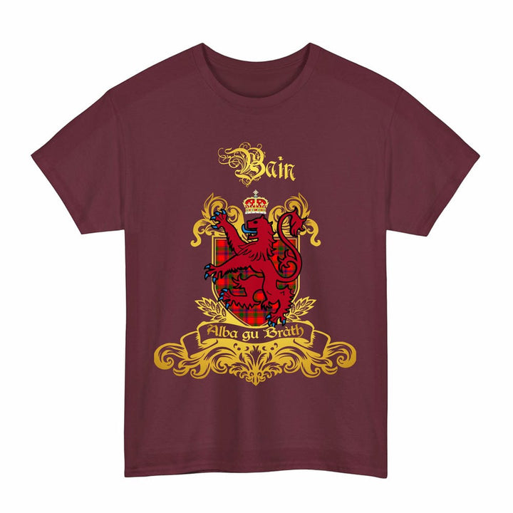 Scottish Bain Clan Tartan Lion Rampant of Scotland T-Shirt Tartan Plaid Maroon Color