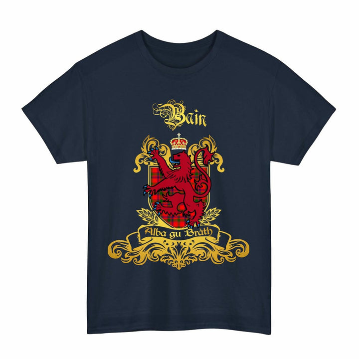 Scottish Bain Clan Tartan Lion Rampant of Scotland T-Shirt Tartan Plaid Navy Color