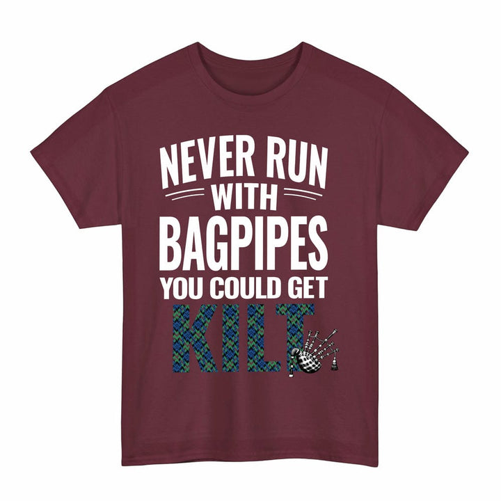 Scottish Baird Ancient Clan Tartan Never Run With Bagpipes T-Shirt Tartan Plaid Maroon Color