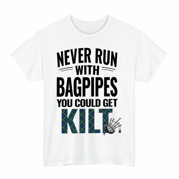 Scottish Baird Ancient Clan Tartan Never Run With Bagpipes T-Shirt Tartan Plaid White Color