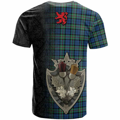 Scottish Baird Ancient Clan Tartan T-Shirt - Half Thistle Flowers Celtic Design Back Side Tartan Plaid