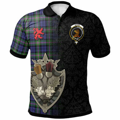 Scottish Baird Clan Crest Tartan Polo Shirt - Half Thistle Flowers Celtic Design Front Side Tartan Plaid