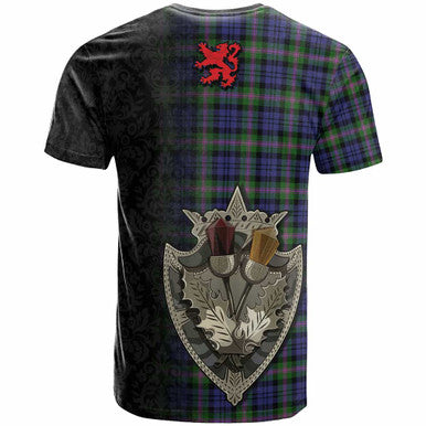 Scottish Baird Clan Crest Tartan T-Shirt - Half Thistle Flowers Celtic Design Back Side Tartan Plaid