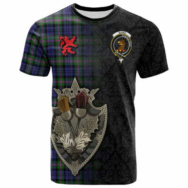 Scottish Baird Clan Crest Tartan T-Shirt - Half Thistle Flowers Celtic Design Front Side Tartan Plaid
